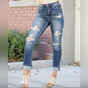 Mia High Rise Mom Cuffed Dark Blue Wash Jeans - 27